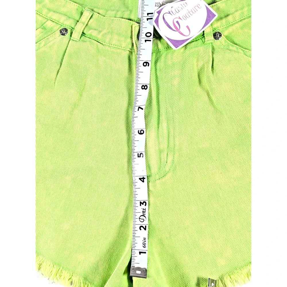 Cousin Couture Acid Wash Denim Shorts High Waisted Fringe Hem Small S Neon Green